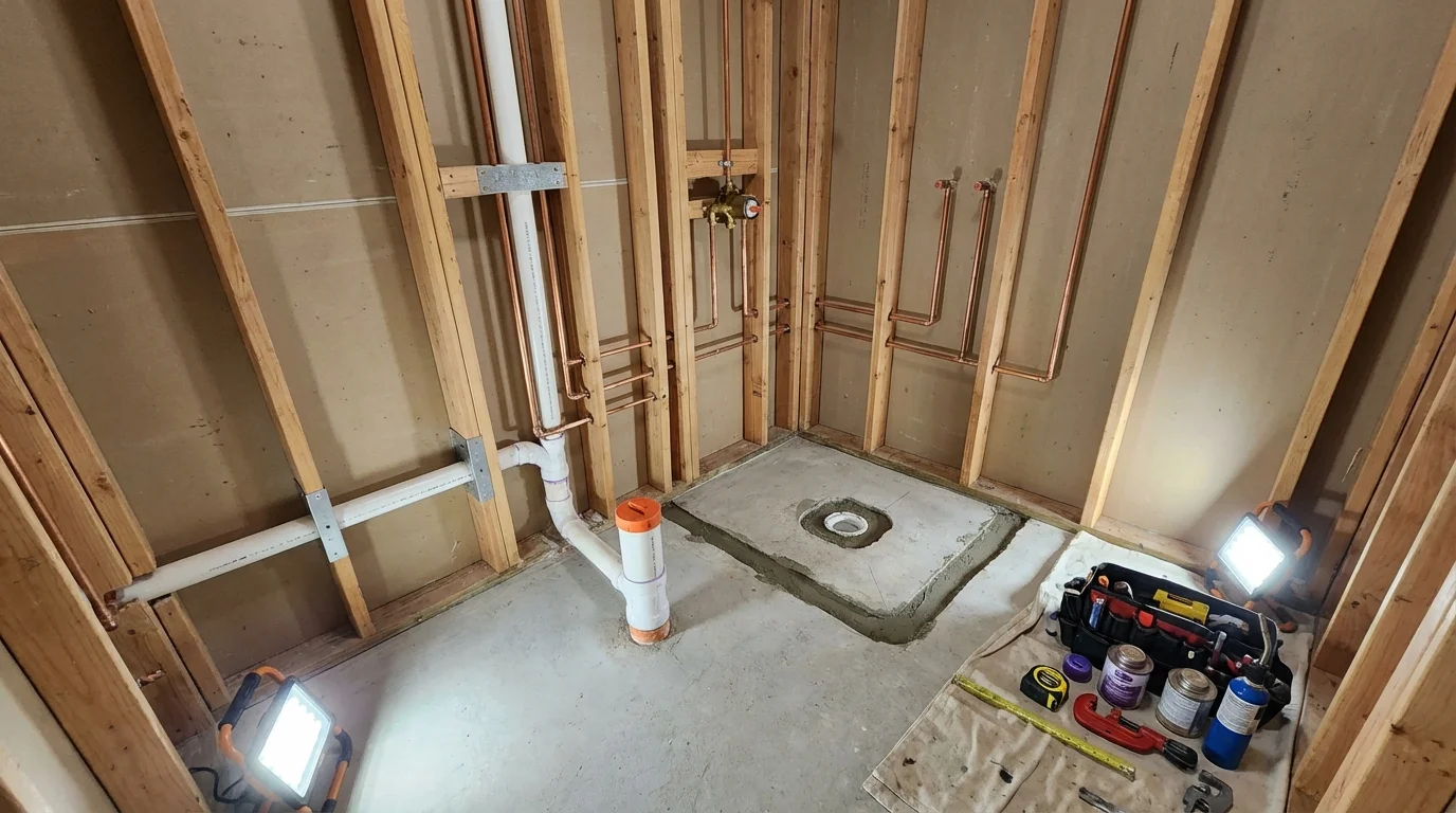 Bathroom rough-in plumbing during remodel by Johns Plumbing LLC in Oilton