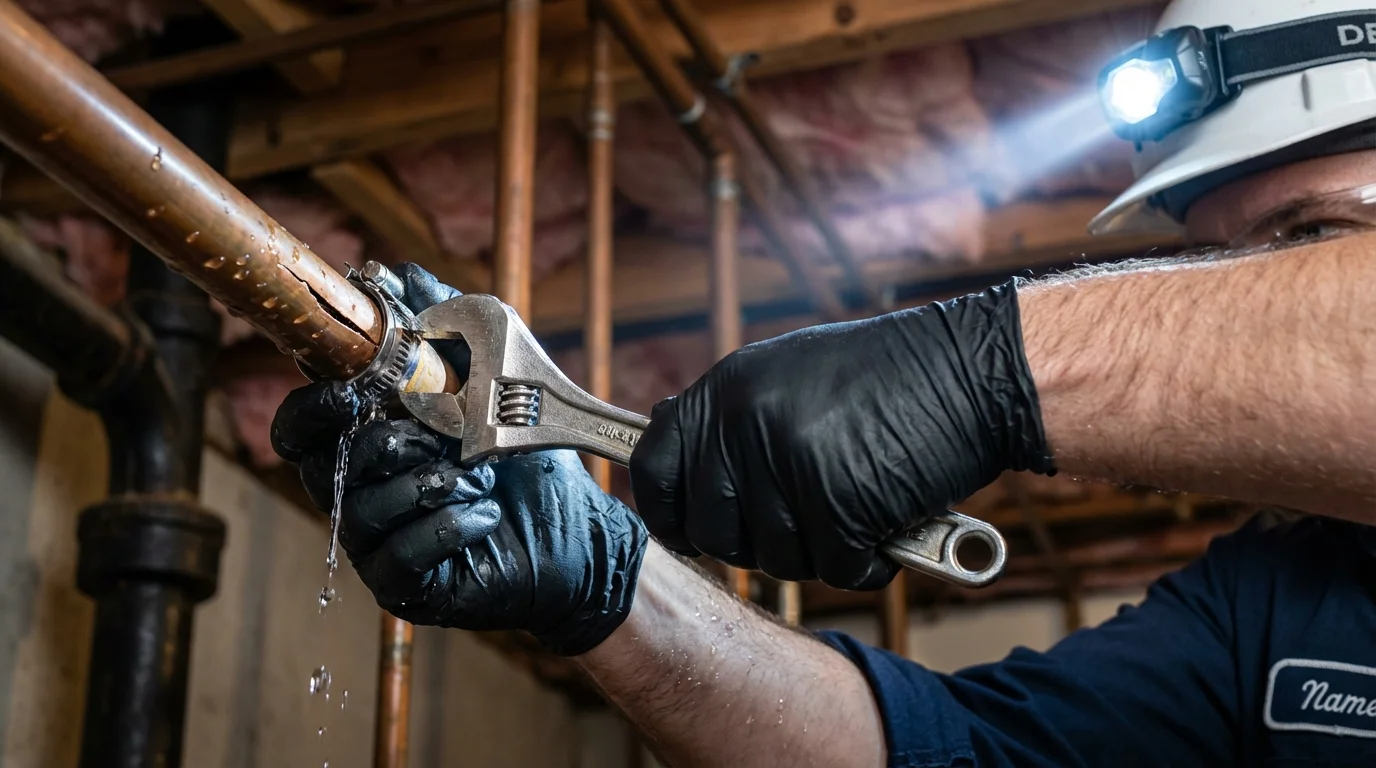 Emergency pipe clamp repair being performed by a Johns Plumbing LLC plumber in Oilton