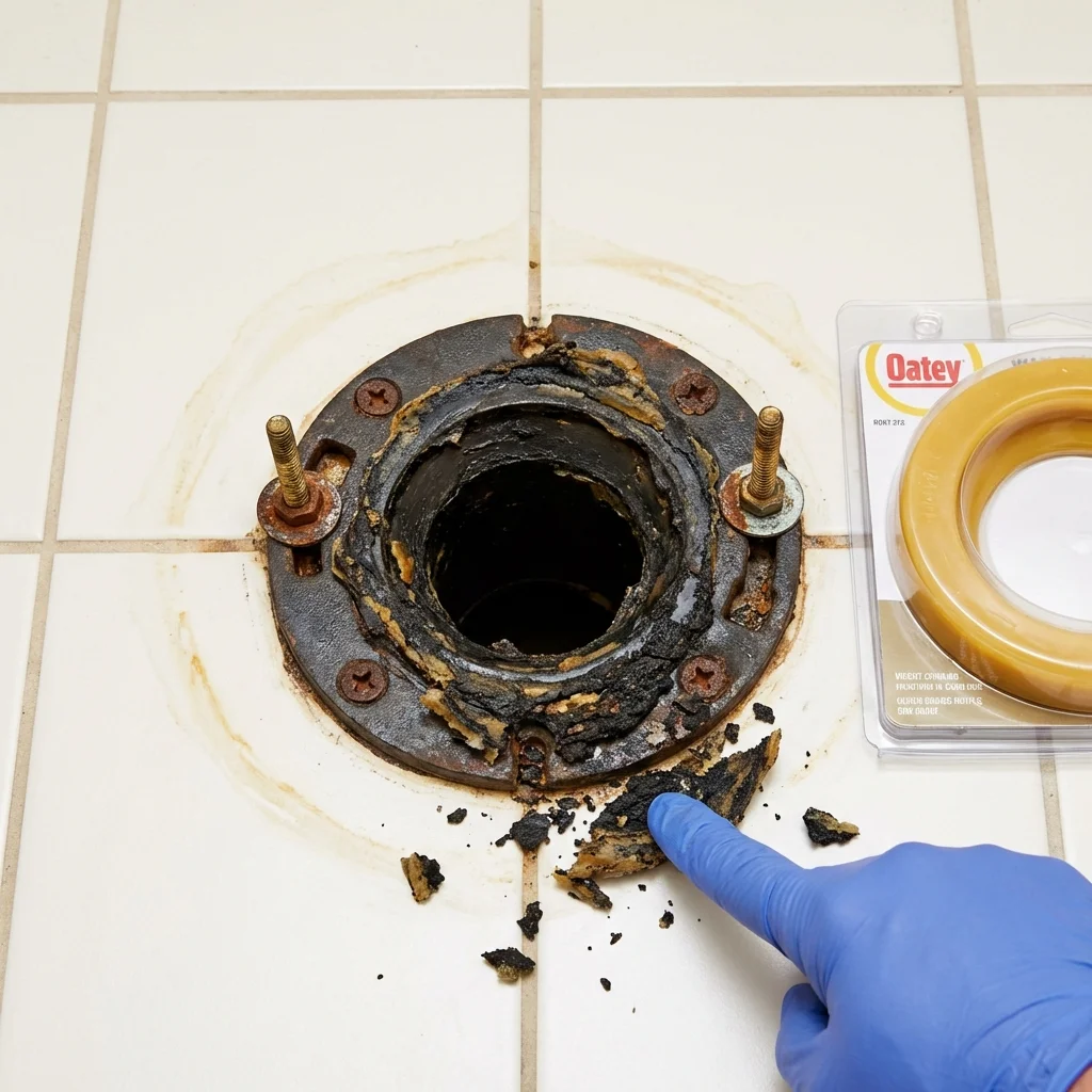 Failed wax ring showing water seepage at the base of a toilet in a Oilton, OK home